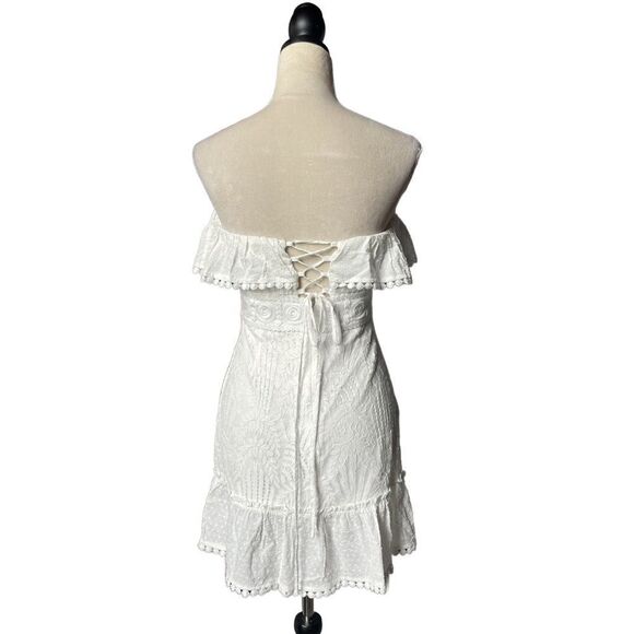 Lena White Lace Ruffles Strapless Mini Dress w/Lace Up Back (Size: Small) - Picture 3 of 16